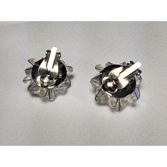 Aurora Borealis Crystal Cluster Clip On Earrings Vintage Mid 1900's - Picture 8 of 9